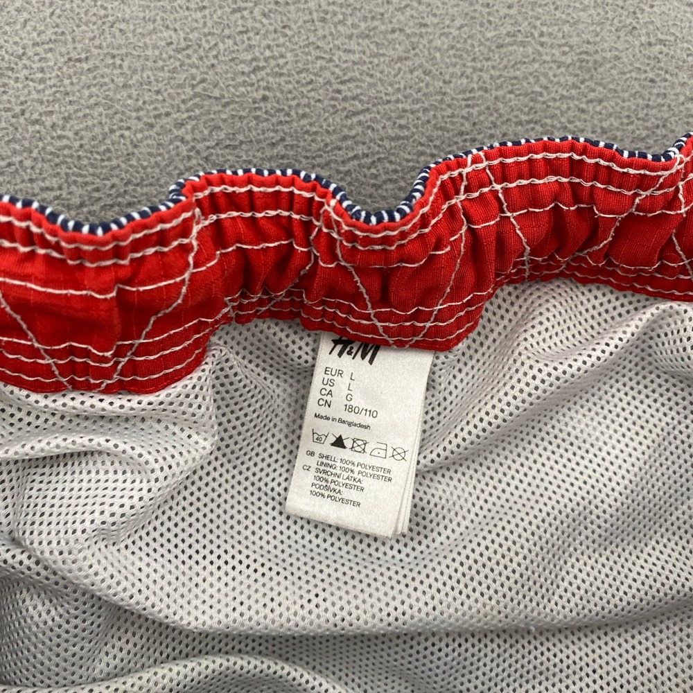 HM Mens Blue White Striped Cargo Swim Trunks Size L Board Shorts Red Accents - Picture 2 of 9